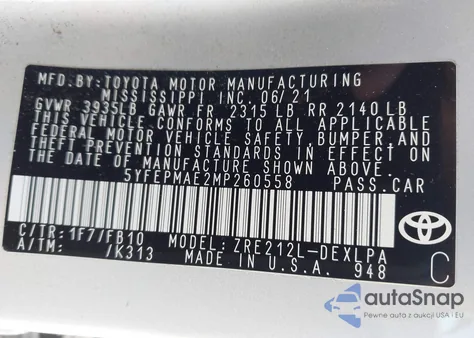 2021 Toyota Corolla Le z USA, uszkodzony, nr VIN 5YFEPMAE2MP260558